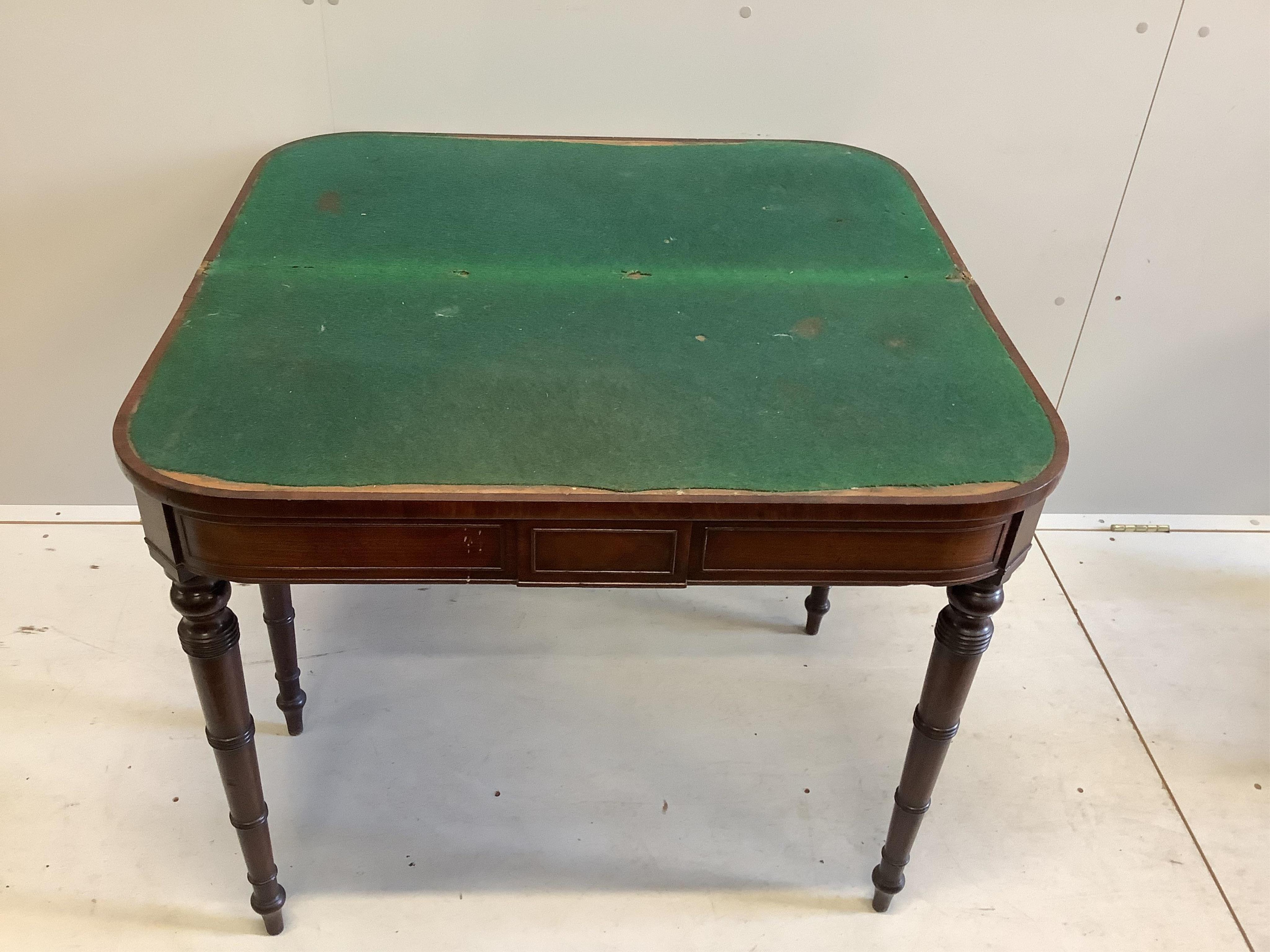 A Regency mahogany folding top card table, width 91cm, depth 44cm, height 73cm. Condition - fair